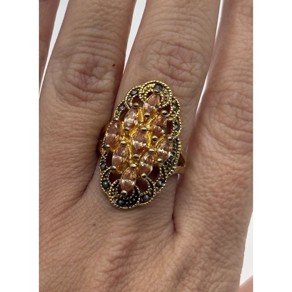 Gold Tone Marquise Cut Peach Crystal & Black Rhinestone Statement Ring